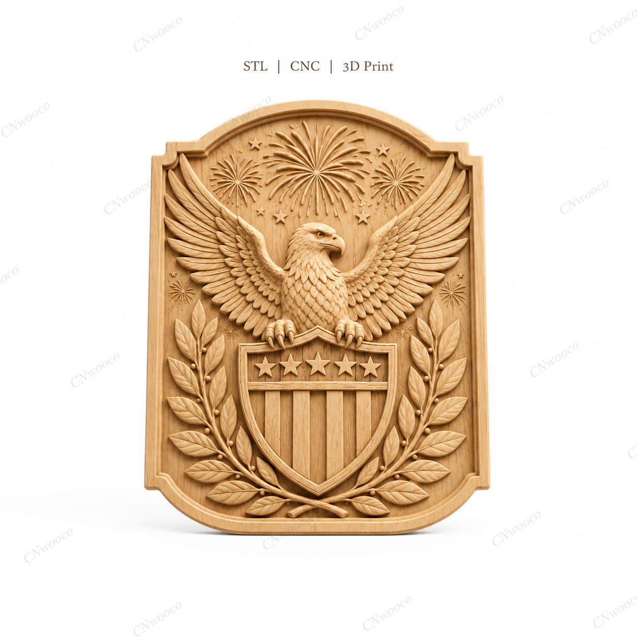 CNC & impression 3D relief aigle américain, blason USA, étoiles et feux d’artifice, sculpture bois fichier STL haute qualité