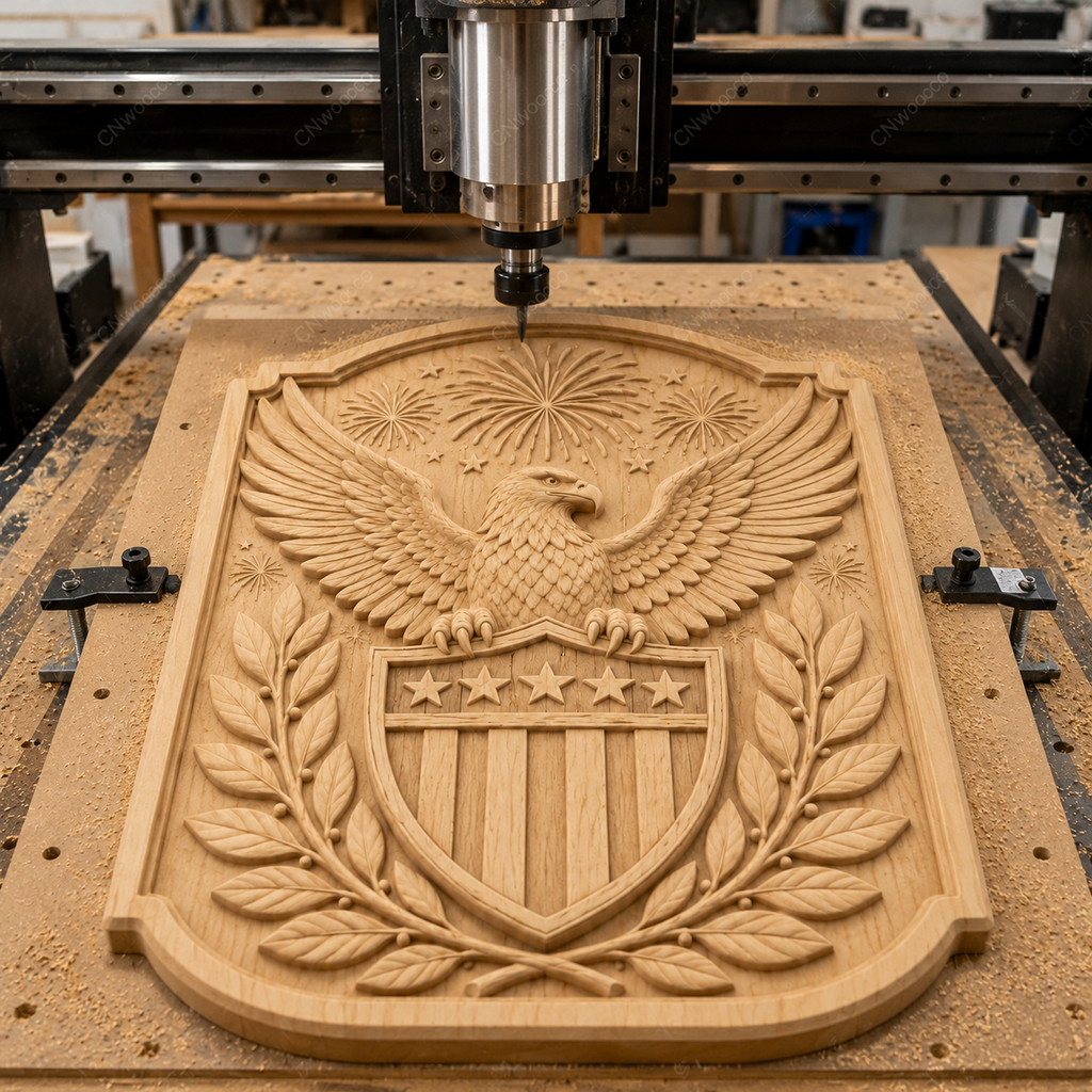 CNC & impression 3D relief aigle américain, blason USA, étoiles et feux d’artifice, sculpture bois fichier STL haute qualité