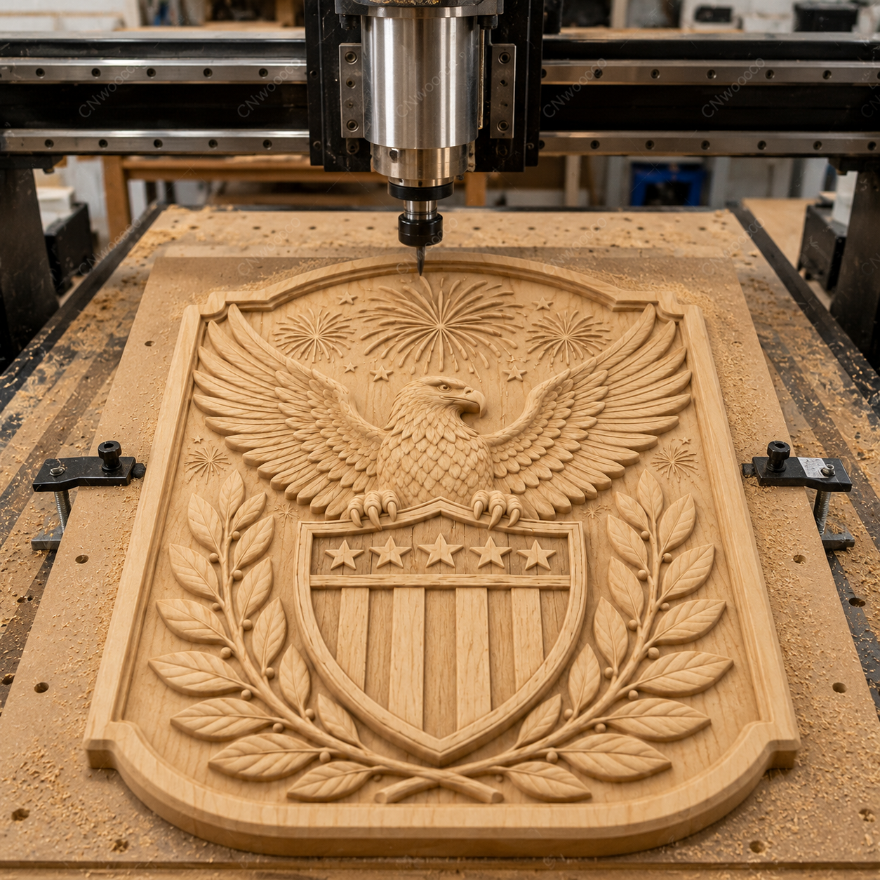 CNC & impression 3D relief aigle américain, blason USA, étoiles et feux d’artifice, sculpture bois fichier STL haute qualité