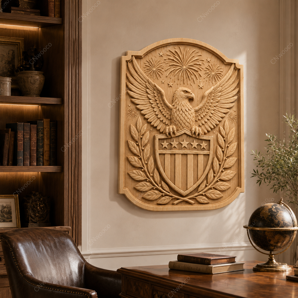 CNC & impression 3D relief aigle américain, blason USA, étoiles et feux d’artifice, sculpture bois fichier STL haute qualité