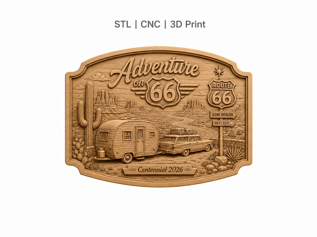 CNC & impression 3D relief Route 66 Adventure, caravane vintage, voiture classique, désert, fichier STL de haute qualité