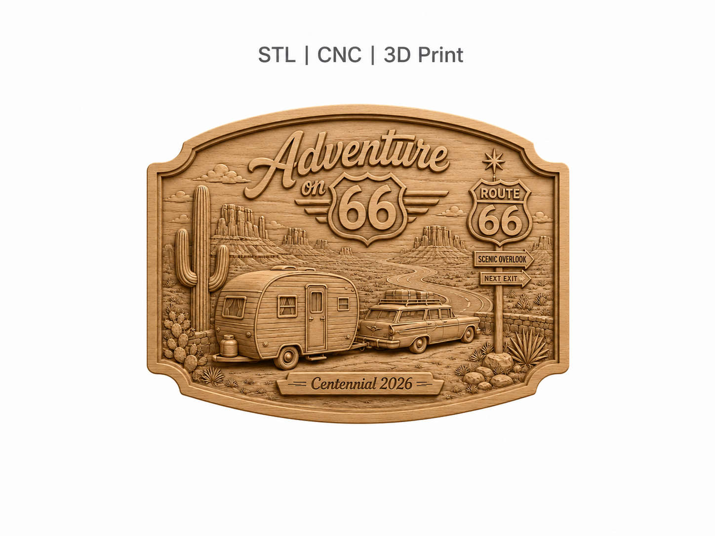 CNC & impression 3D relief Route 66 Adventure, caravane vintage, voiture classique, désert, fichier STL de haute qualité