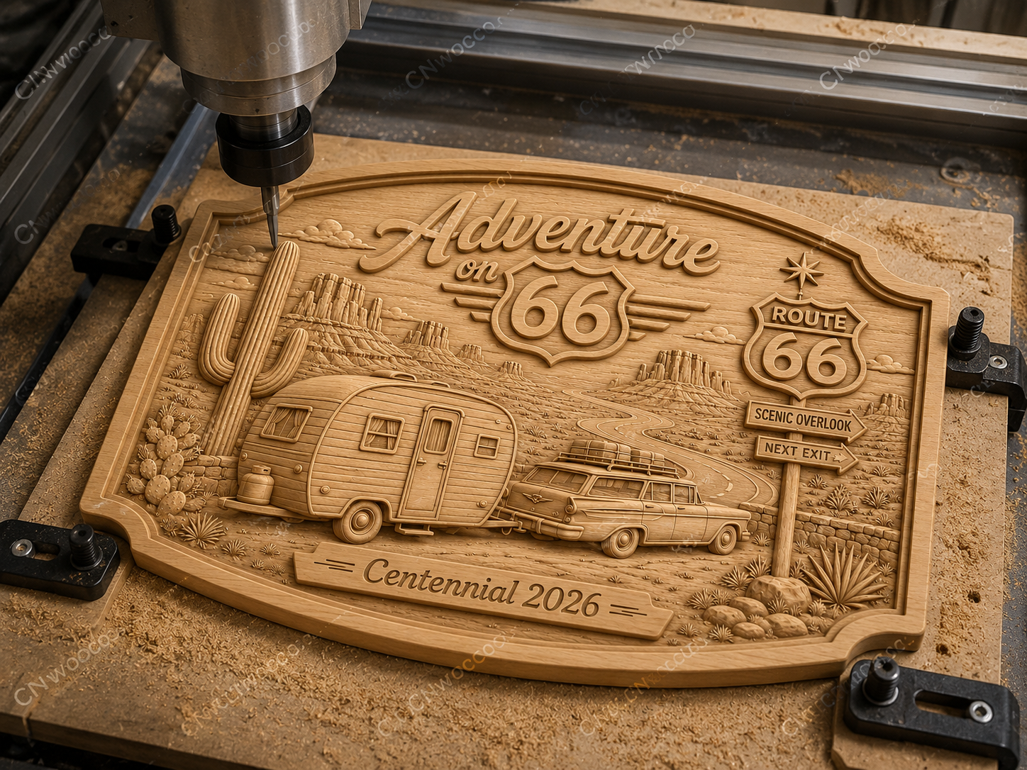 CNC & impression 3D relief Route 66 Adventure, caravane vintage, voiture classique, désert, fichier STL de haute qualité