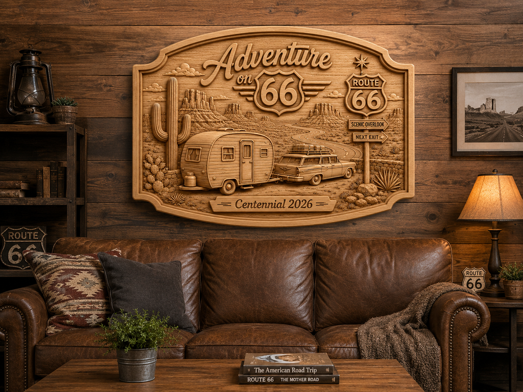 CNC & impression 3D relief Route 66 Adventure, caravane vintage, voiture classique, désert, fichier STL de haute qualité