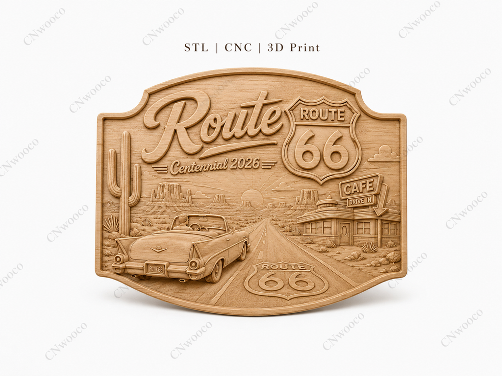 CNC & impression 3D relief Route 66 Centennial 2026, voiture classique, café drive-in, désert, fichier STL