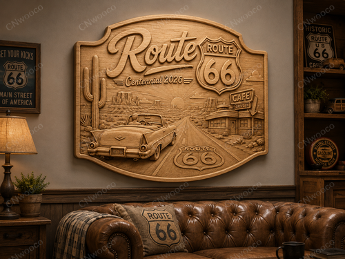 CNC & impression 3D relief Route 66 Centennial 2026, voiture classique, café drive-in, désert, fichier STL