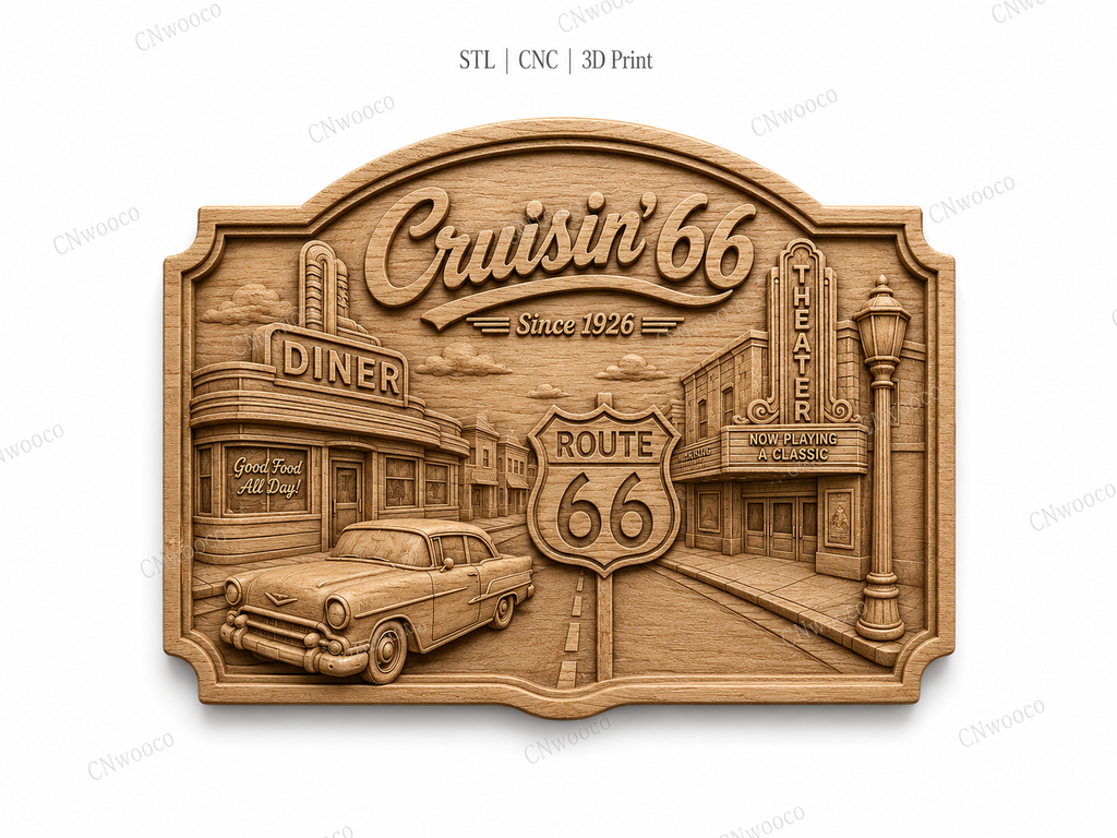 CNC & impression 3D relief Cruisin’ 66, diner vintage, théâtre et voiture classique, sculpture bois fichier STL
