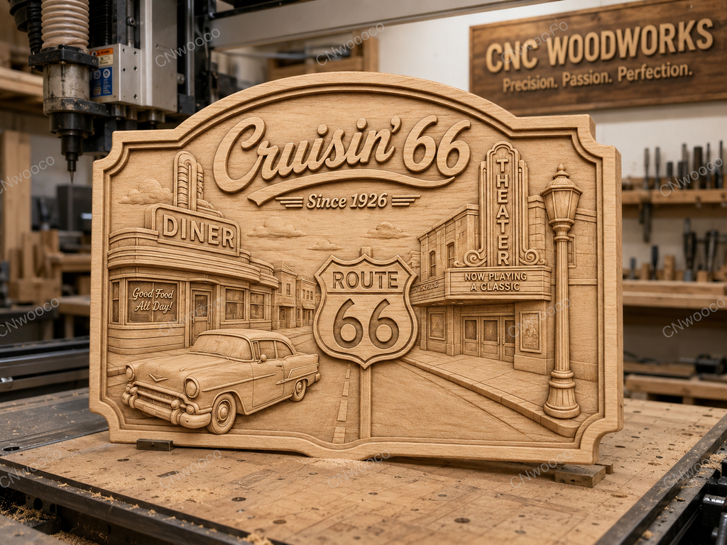 CNC & impression 3D relief Cruisin’ 66, diner vintage, théâtre et voiture classique, sculpture bois fichier STL