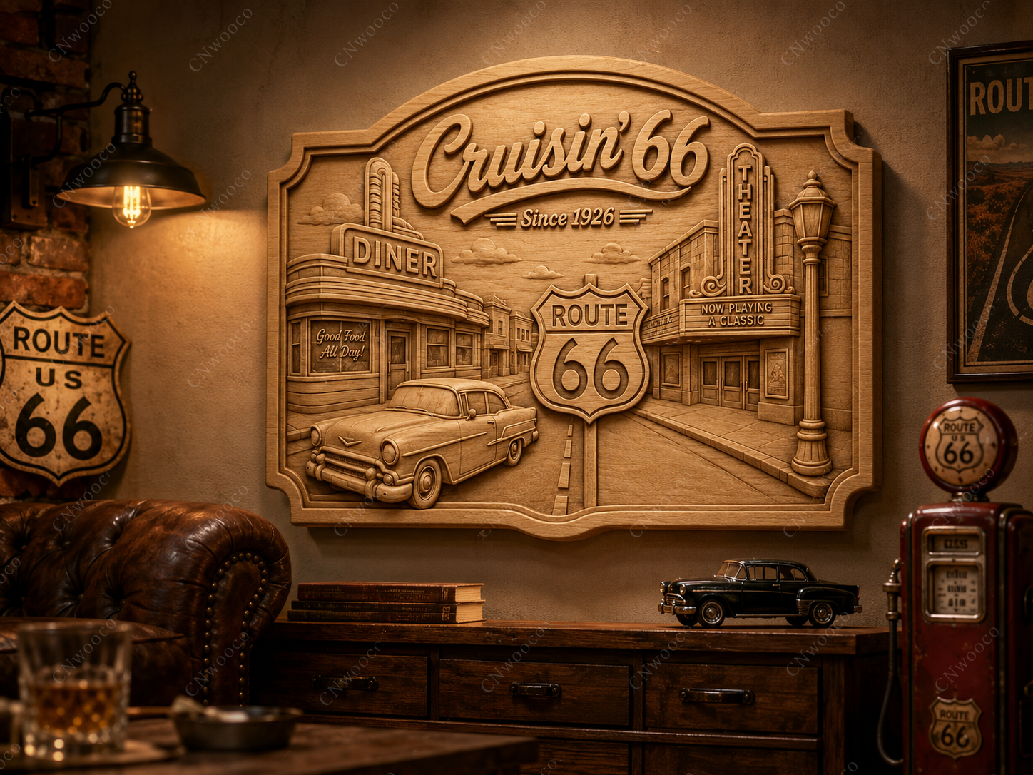 CNC & impression 3D relief Cruisin’ 66, diner vintage, théâtre et voiture classique, sculpture bois fichier STL