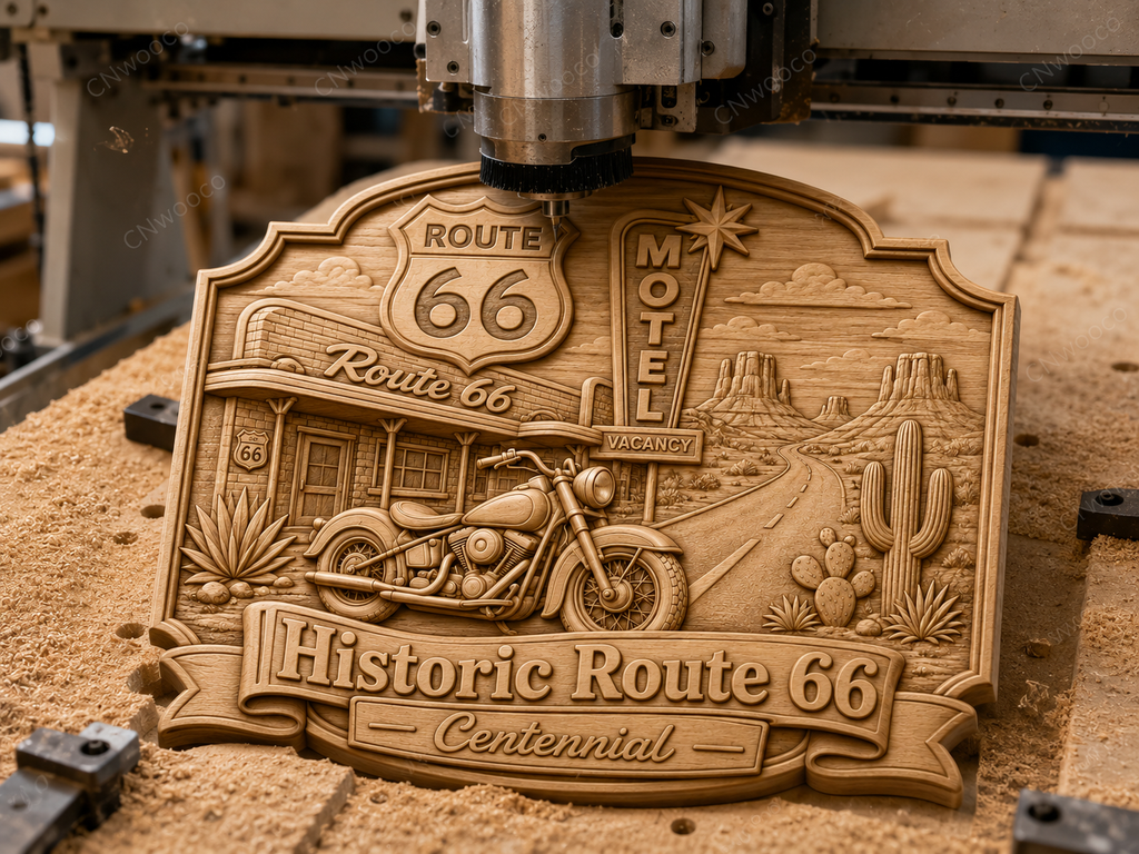 CNC & impression 3D relief Route 66 Centennial, moto vintage, motel et désert américain, sculpture bois fichier STL haute qualité