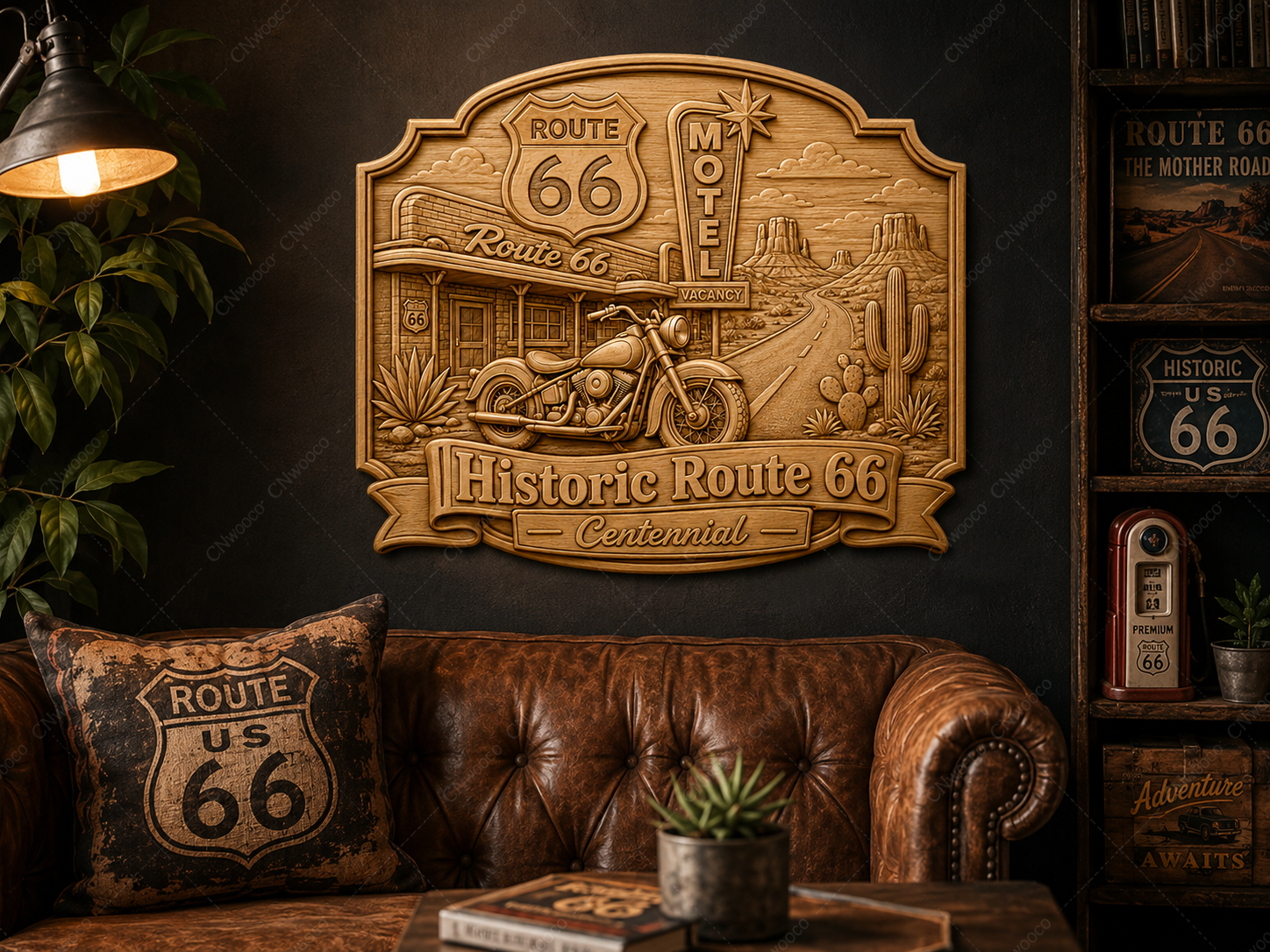 CNC & impression 3D relief Route 66 Centennial, moto vintage, motel et désert américain, sculpture bois fichier STL haute qualité