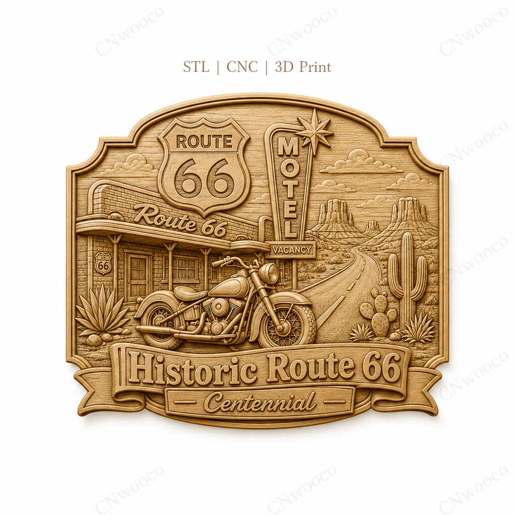 CNC & impression 3D relief Route 66 Centennial, moto vintage, motel et désert américain, sculpture bois fichier STL haute qualité
