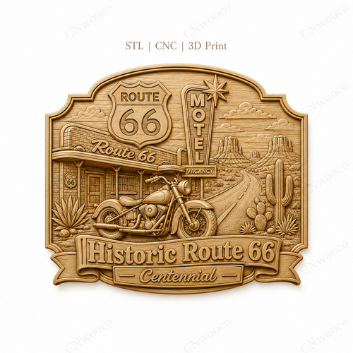 CNC & impression 3D relief Route 66 Centennial, moto vintage, motel et désert américain, sculpture bois fichier STL haute qualité