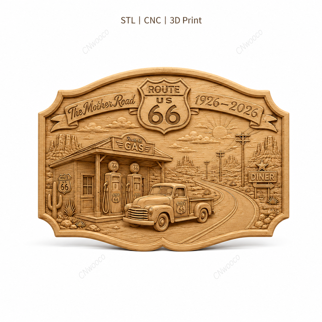 CNC & impression 3D relief Route 66 1926-2026, station-service vintage, pickup, diner, sculpture bois fichier STL haute qualité