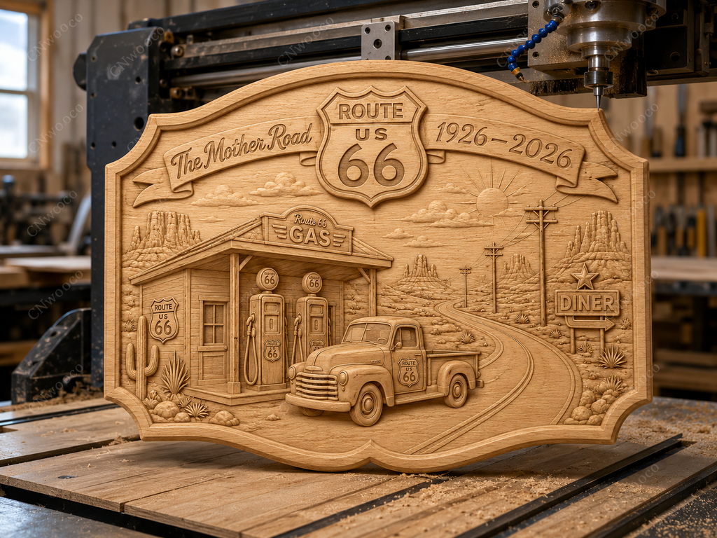 CNC & impression 3D relief Route 66 1926-2026, station-service vintage, pickup, diner, sculpture bois fichier STL haute qualité