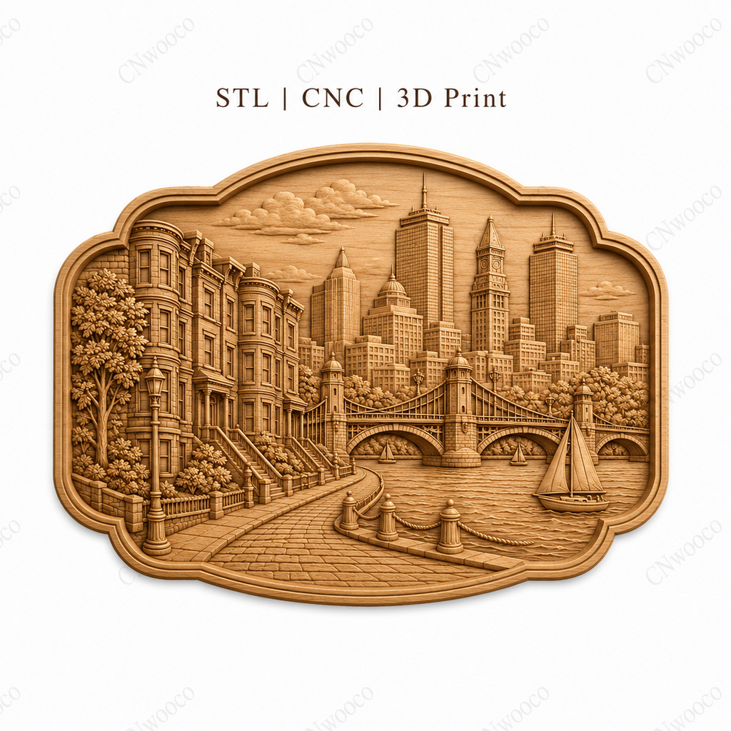 CNC & impression 3D relief Boston waterfront, skyline, pont, voilier et maisons historiques, fichier STL haute qualité