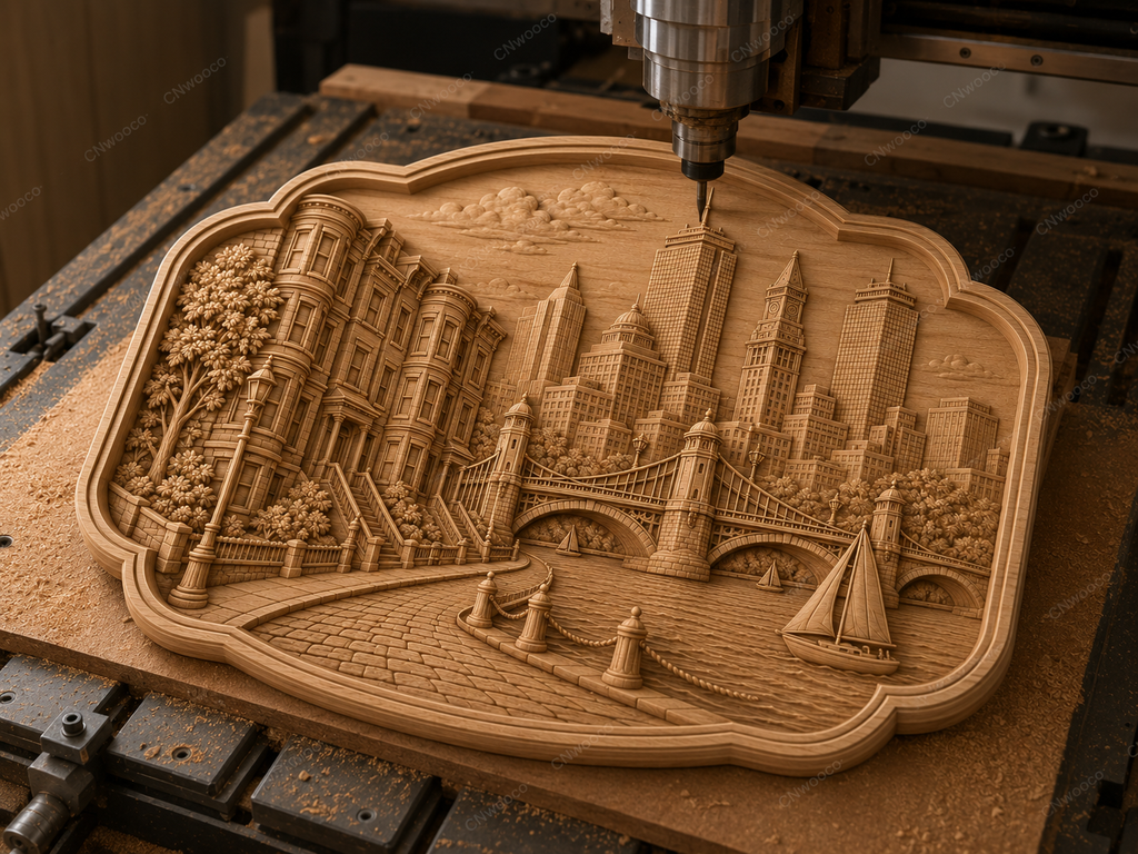 CNC & impression 3D relief Boston waterfront, skyline, pont, voilier et maisons historiques, fichier STL haute qualité