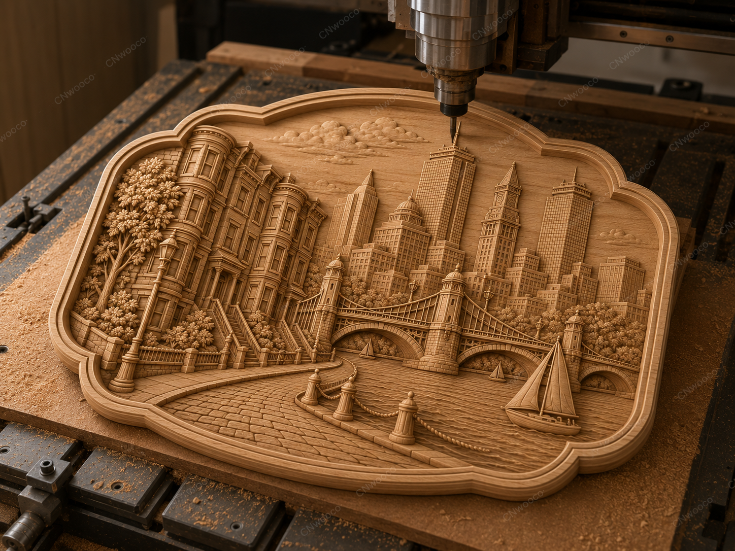 CNC & impression 3D relief Boston waterfront, skyline, pont, voilier et maisons historiques, fichier STL haute qualité