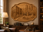 CNC & impression 3D relief Boston waterfront, skyline, pont, voilier et maisons historiques, fichier STL haute qualité