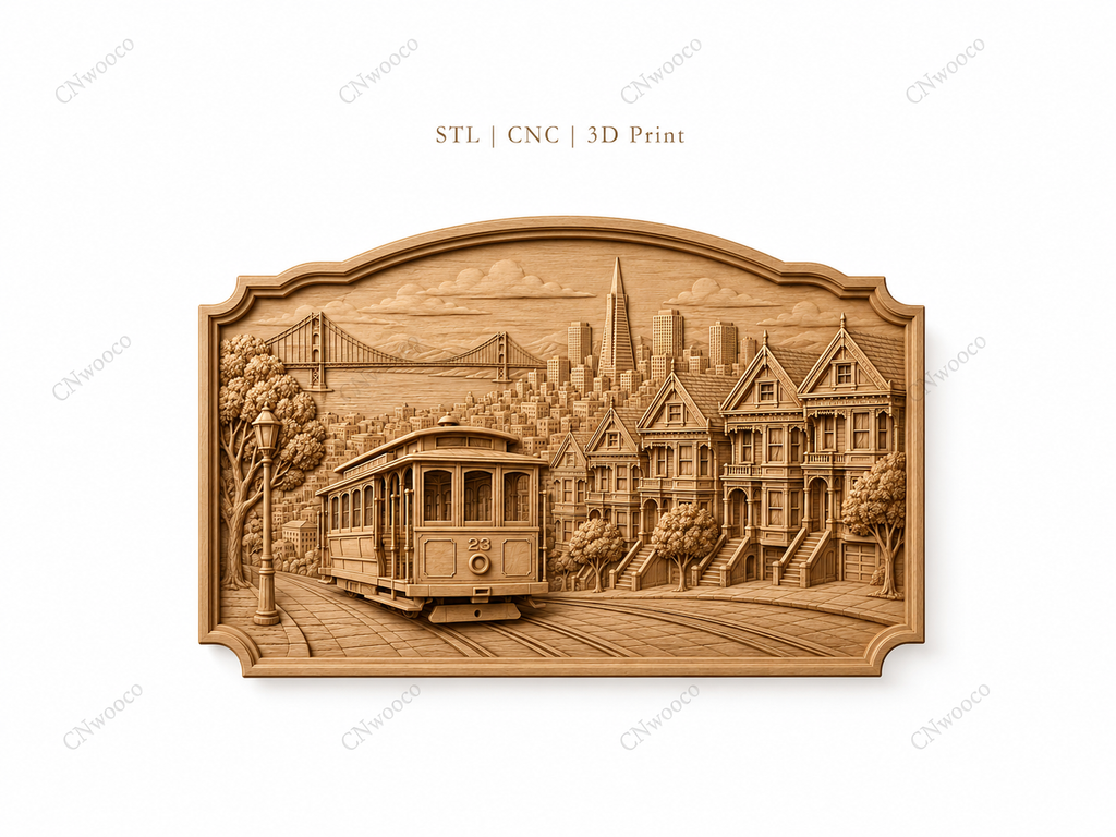 CNC & impression 3D relief San Francisco, cable car, maisons victoriennes et Golden Gate, sculpture bois fichier STL haute qualité