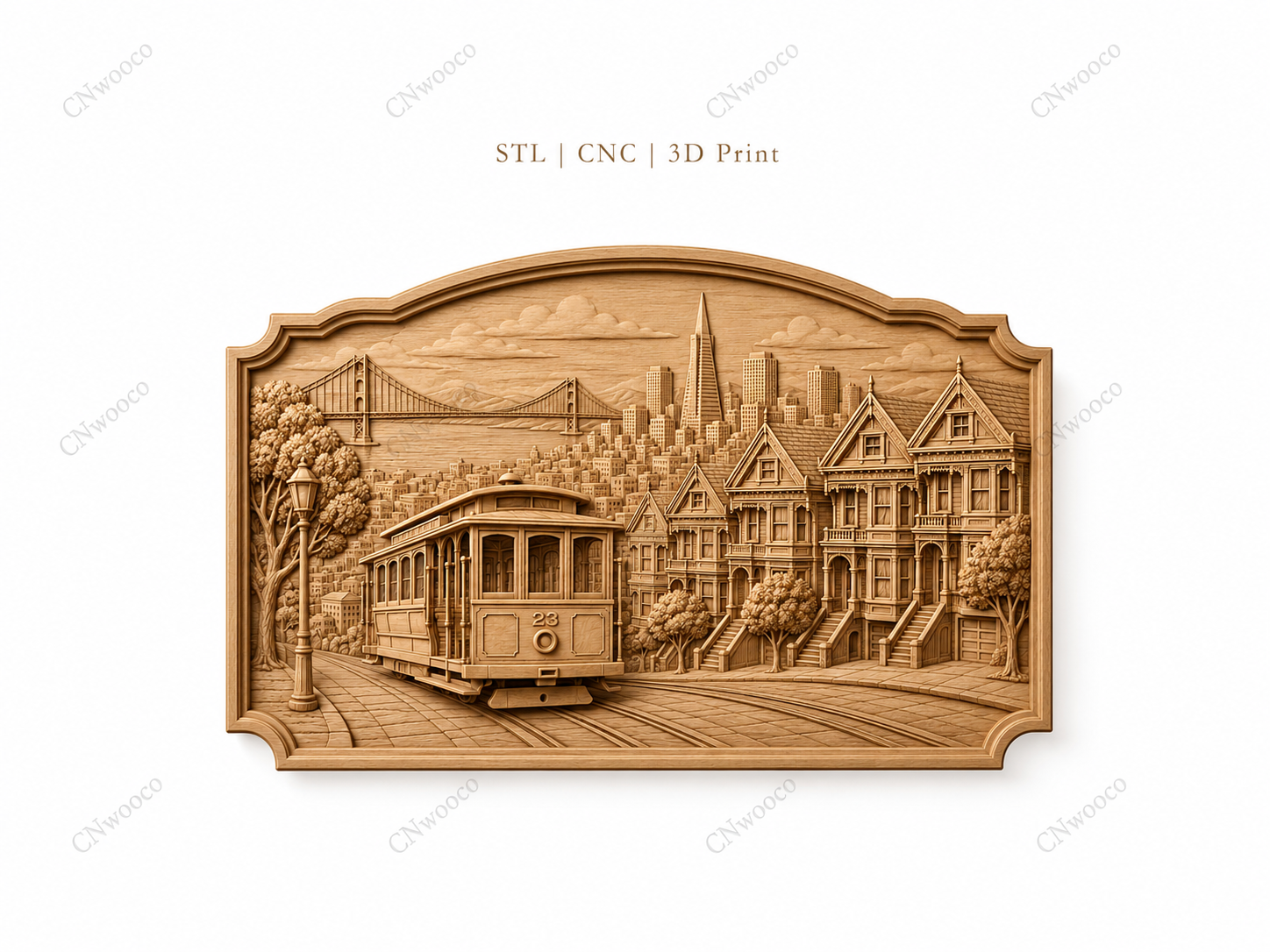 CNC & impression 3D relief San Francisco, cable car, maisons victoriennes et Golden Gate, sculpture bois fichier STL haute qualité