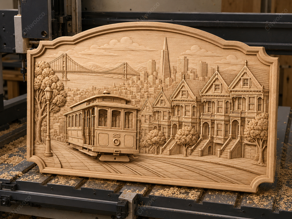CNC & impression 3D relief San Francisco, cable car, maisons victoriennes et Golden Gate, sculpture bois fichier STL haute qualité