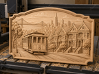 CNC & impression 3D relief San Francisco, cable car, maisons victoriennes et Golden Gate, sculpture bois fichier STL haute qualité