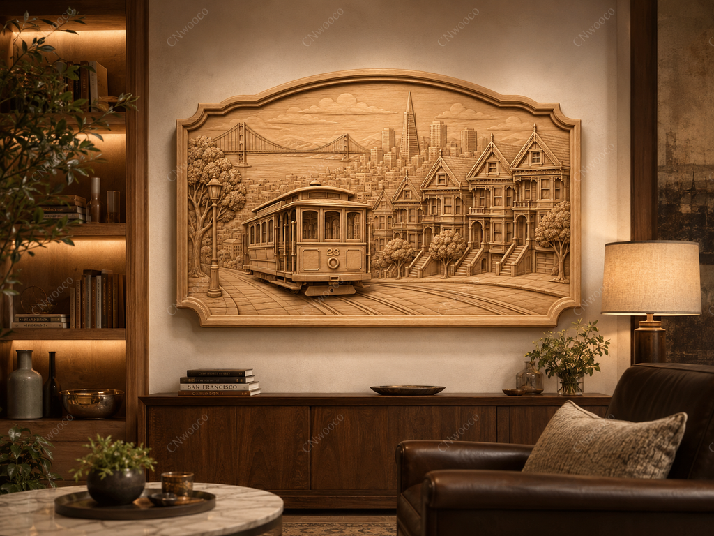 CNC & impression 3D relief San Francisco, cable car, maisons victoriennes et Golden Gate, sculpture bois fichier STL haute qualité
