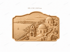 CNC & impression 3D relief Santorin, village grec, églises à dômes et mer Égée, sculpture bois fichier STL haute qualité