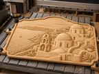 CNC & impression 3D relief Santorin, village grec, églises à dômes et mer Égée, sculpture bois fichier STL haute qualité
