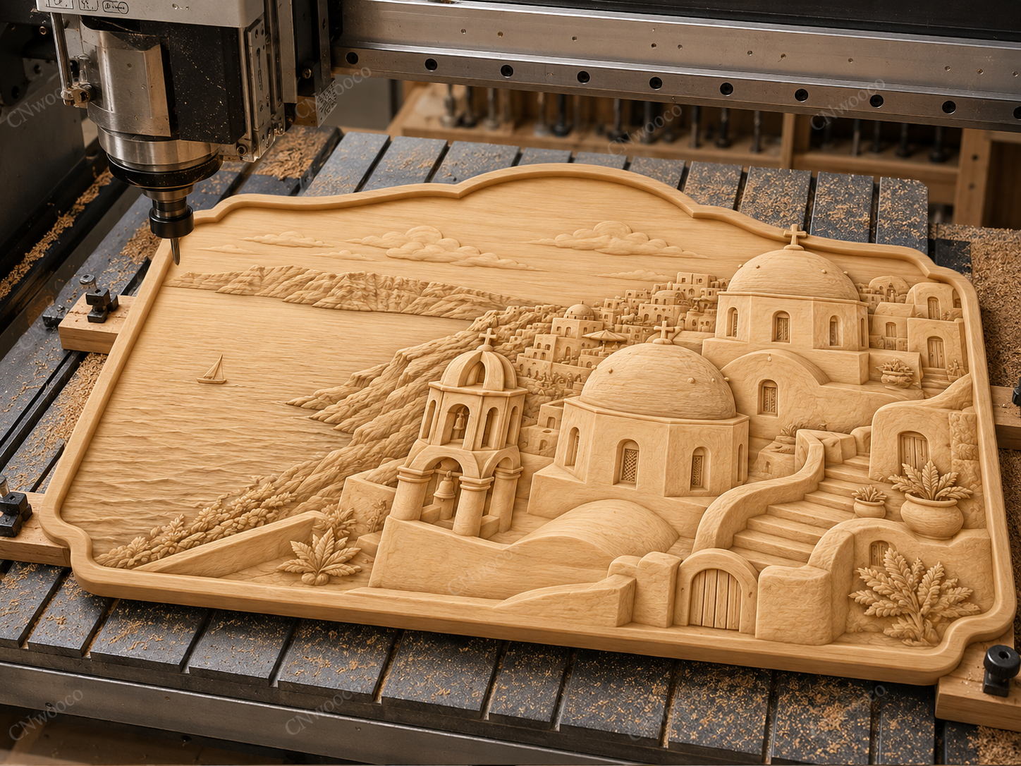 CNC & impression 3D relief Santorin, village grec, églises à dômes et mer Égée, sculpture bois fichier STL haute qualité