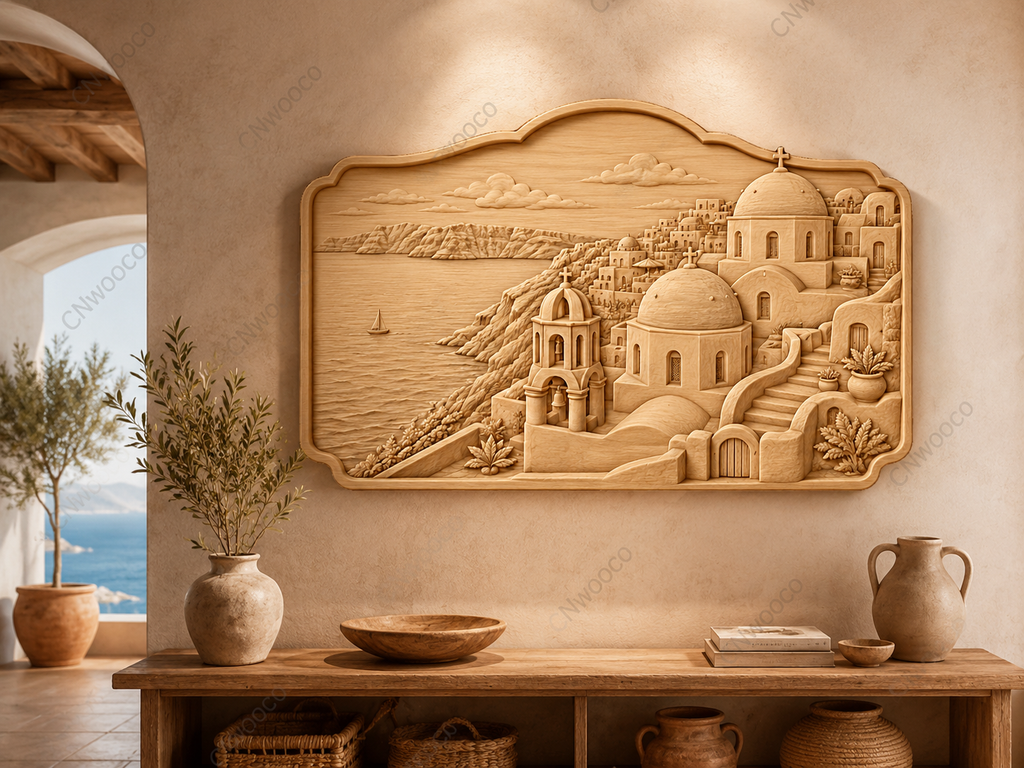 CNC & impression 3D relief Santorin, village grec, églises à dômes et mer Égée, sculpture bois fichier STL haute qualité