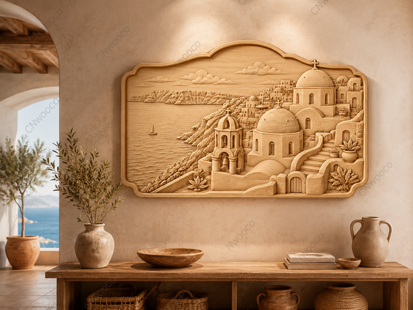 CNC & impression 3D relief Santorin, village grec, églises à dômes et mer Égée, sculpture bois fichier STL haute qualité