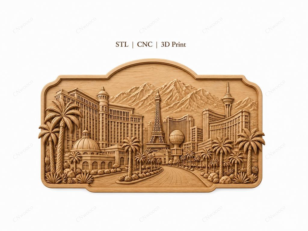 CNC & impression 3D relief Las Vegas Strip, skyline, hôtels, palmiers et montagnes, sculpture bois fichier STL haute qualité