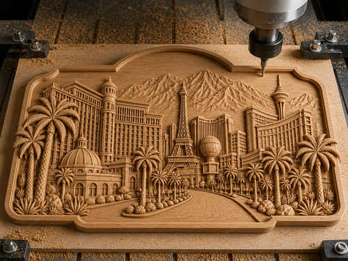 CNC & impression 3D relief Las Vegas Strip, skyline, hôtels, palmiers et montagnes, sculpture bois fichier STL haute qualité