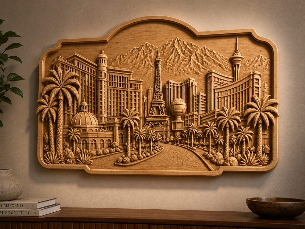 CNC & impression 3D relief Las Vegas Strip, skyline, hôtels, palmiers et montagnes, sculpture bois fichier STL haute qualité
