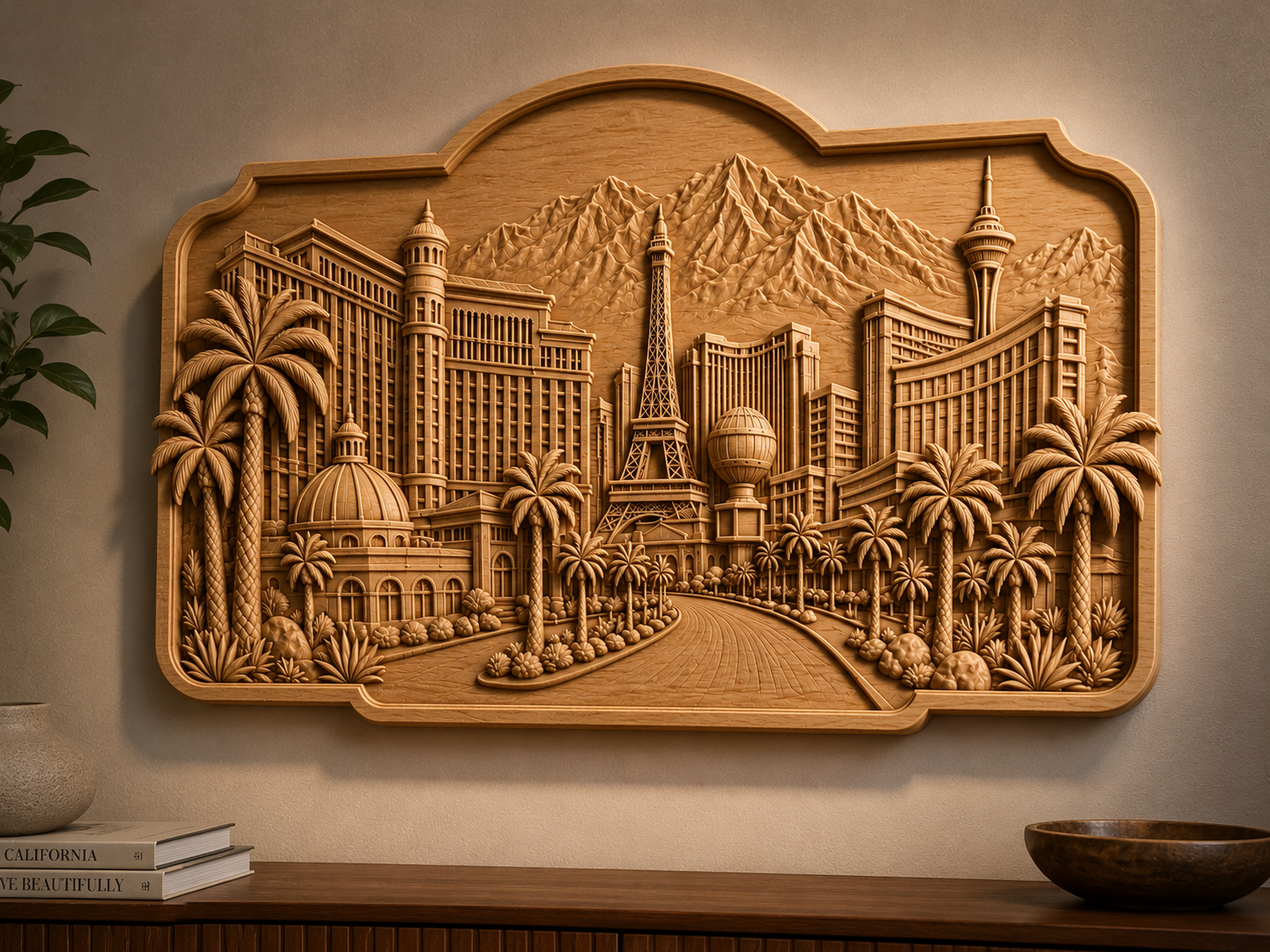 CNC & impression 3D relief Las Vegas Strip, skyline, hôtels, palmiers et montagnes, sculpture bois fichier STL haute qualité