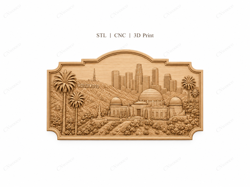 CNC & impression 3D relief Hollywood Los Angeles, skyline, observatoire Griffith, palmiers, fichier STL haute qualité