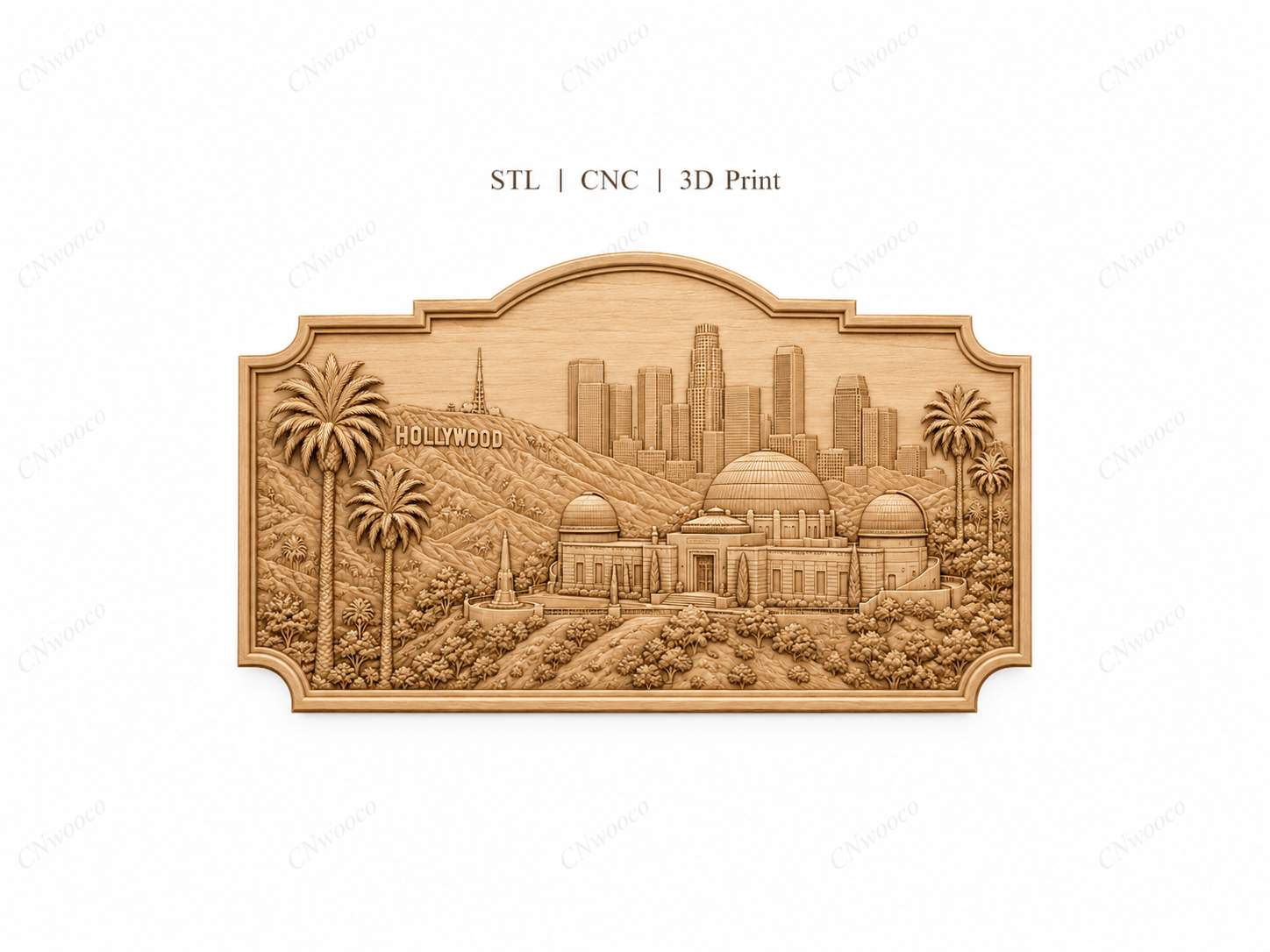 CNC & impression 3D relief Hollywood Los Angeles, skyline, observatoire Griffith, palmiers, fichier STL haute qualité