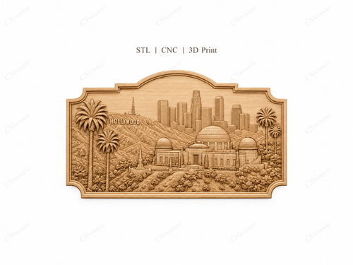 CNC & impression 3D relief Hollywood Los Angeles, skyline, observatoire Griffith, palmiers, fichier STL haute qualité