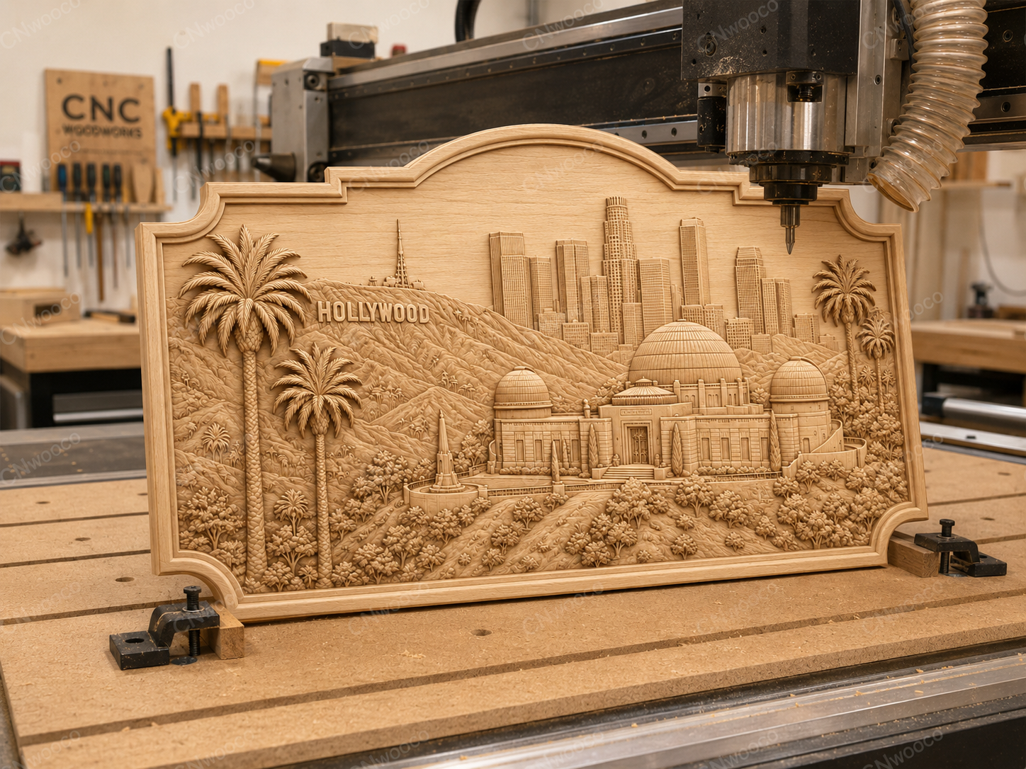CNC & impression 3D relief Hollywood Los Angeles, skyline, observatoire Griffith, palmiers, fichier STL haute qualité