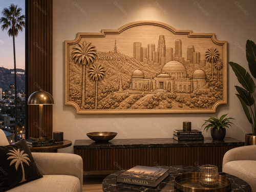 CNC & impression 3D relief Hollywood Los Angeles, skyline, observatoire Griffith, palmiers, fichier STL haute qualité