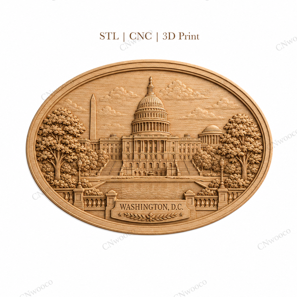 CNC & impression 3D relief Washington D.C., Capitole américain, monuments USA, plaque ovale sculpture bois fichier STL haute qualité