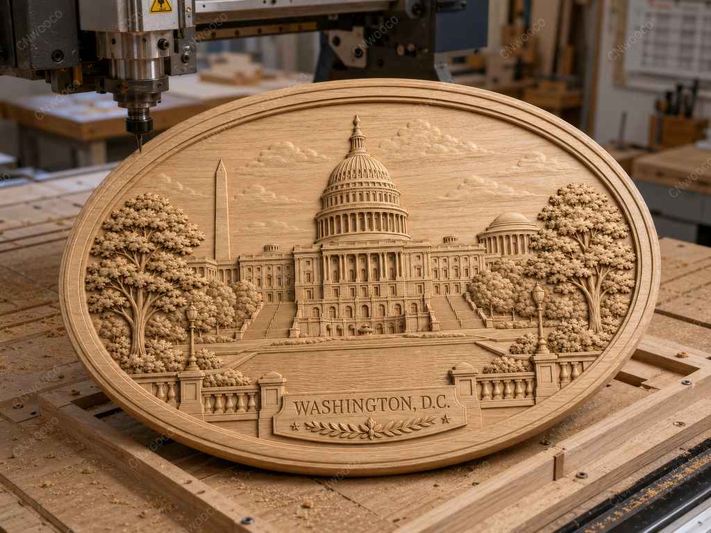 CNC & impression 3D relief Washington D.C., Capitole américain, monuments USA, plaque ovale sculpture bois fichier STL haute qualité
