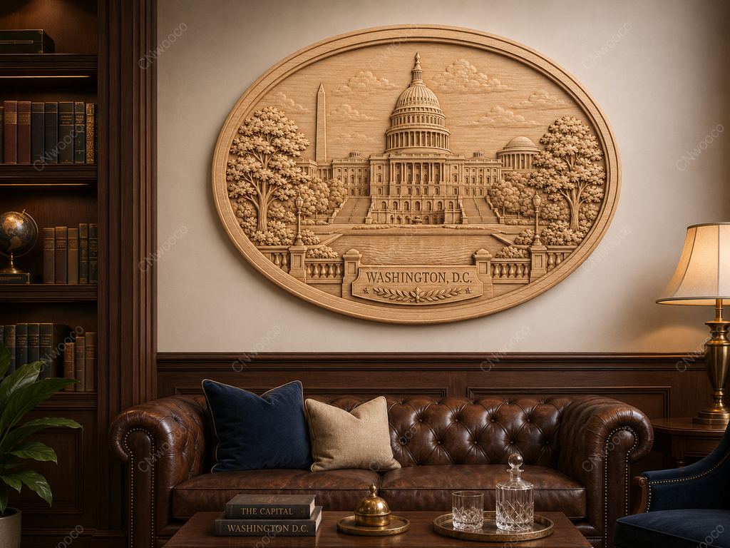 CNC & impression 3D relief Washington D.C., Capitole américain, monuments USA, plaque ovale sculpture bois fichier STL haute qualité