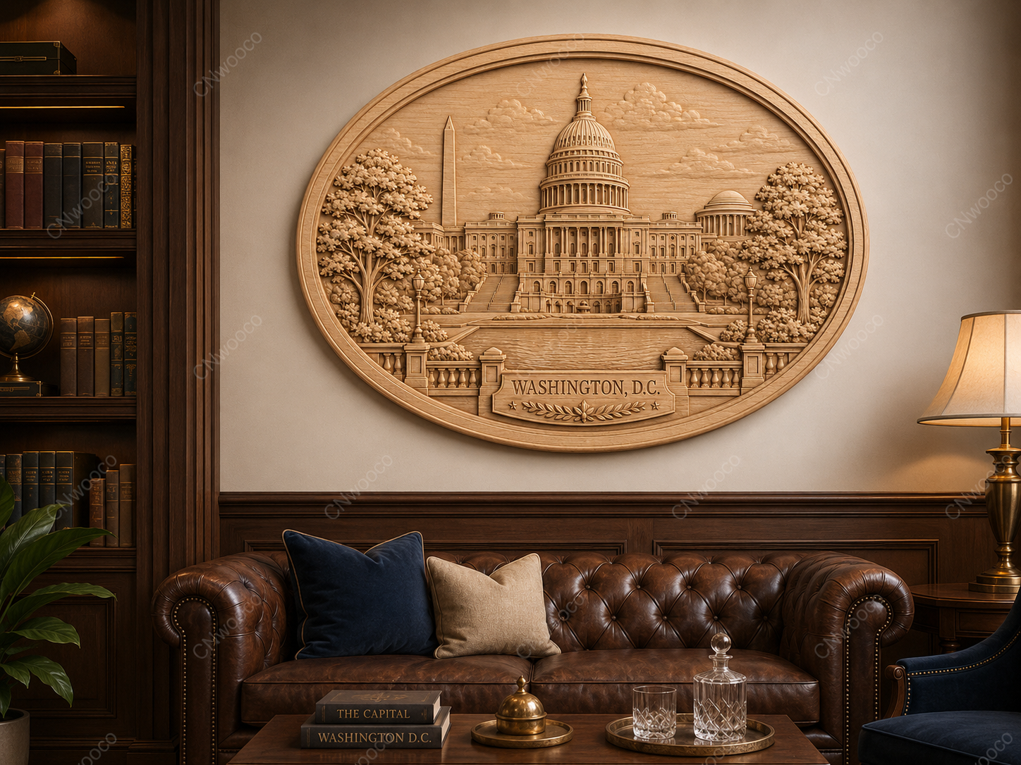 CNC & impression 3D relief Washington D.C., Capitole américain, monuments USA, plaque ovale sculpture bois fichier STL haute qualité