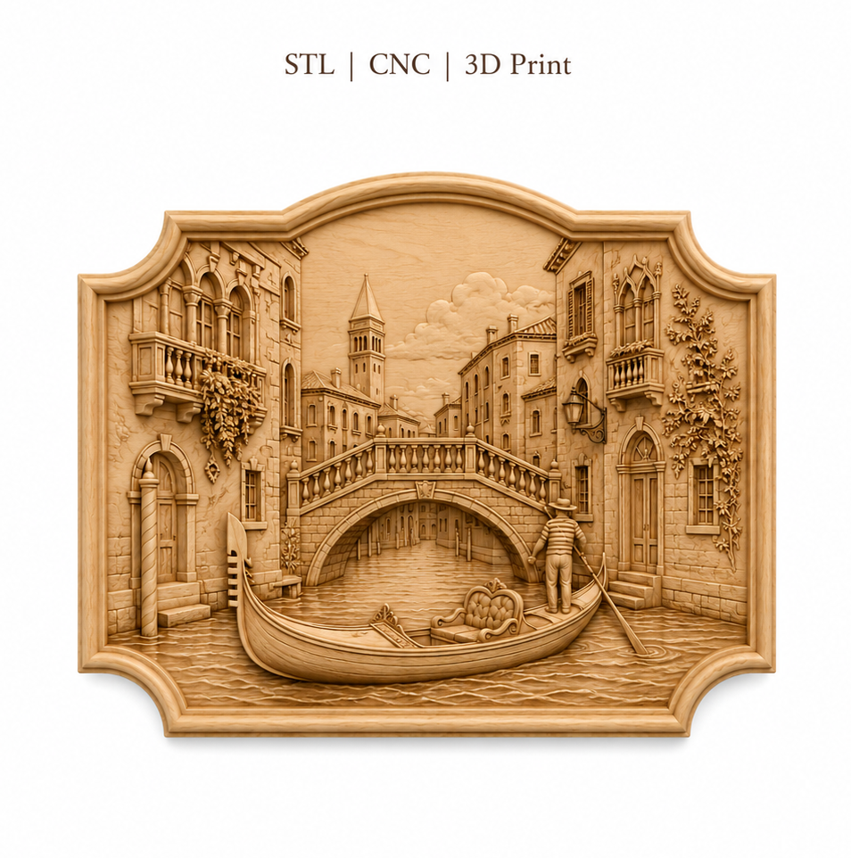 Fichier CNC & impression 3D bas-relief Venise gondole, décor mural canal italien, modèle 3D STL très haute qualité