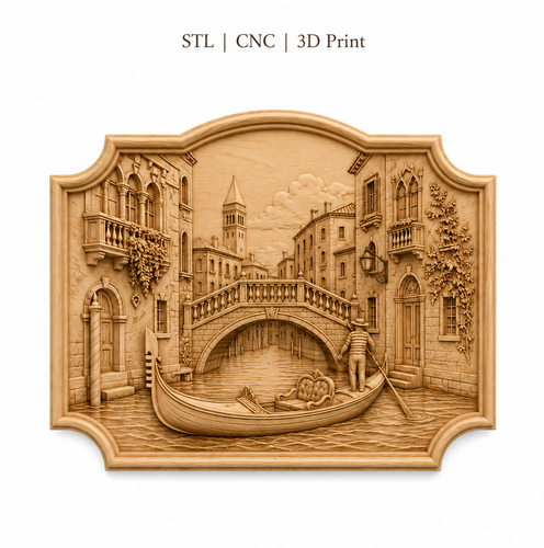Fichier CNC & impression 3D bas-relief Venise gondole, décor mural canal italien, modèle 3D STL très haute qualité