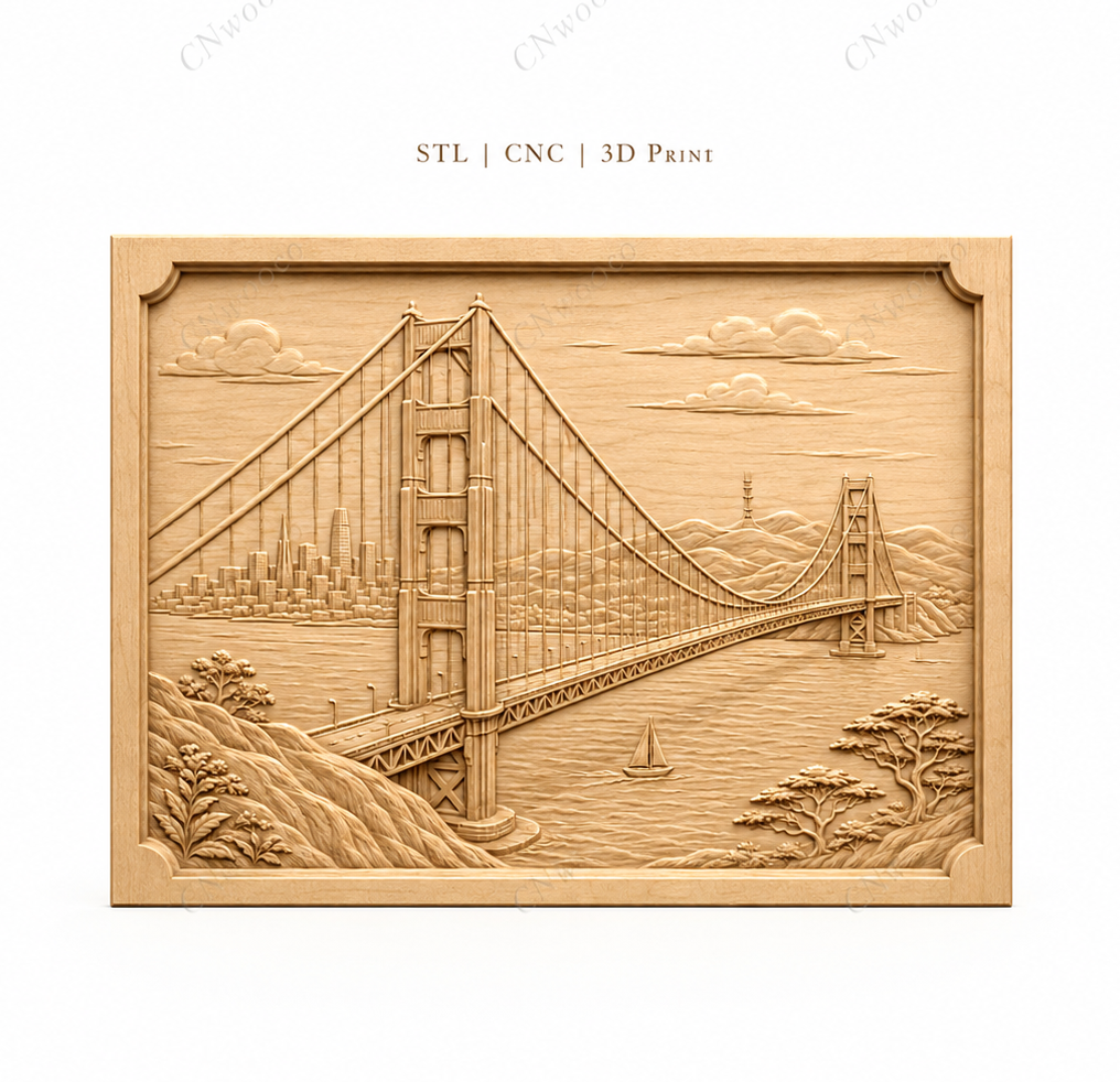 CNC & impression 3D relief pont Golden Gate, San Francisco skyline, baie et voilier, sculpture bois fichier STL de haute qualité