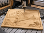 CNC & impression 3D relief pont Golden Gate, San Francisco skyline, baie et voilier, sculpture bois fichier STL de haute qualité